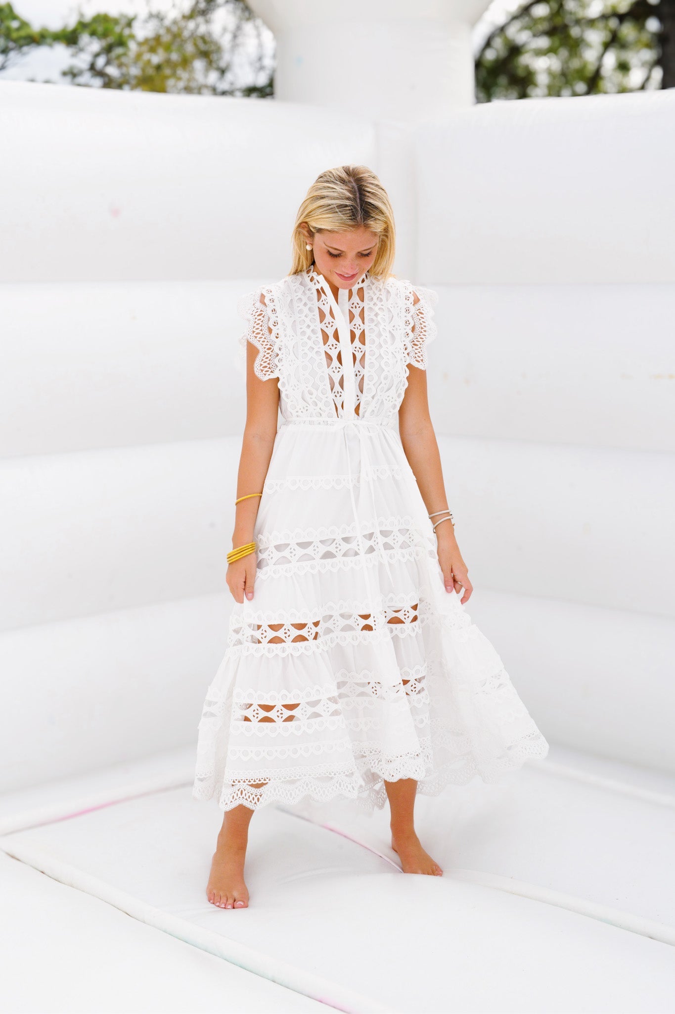 Christy Embroidered Belted Midi Dress for Women - Elegant White Floral Summer Dress for Casual Wear, Office & Wedding Guest Attire
