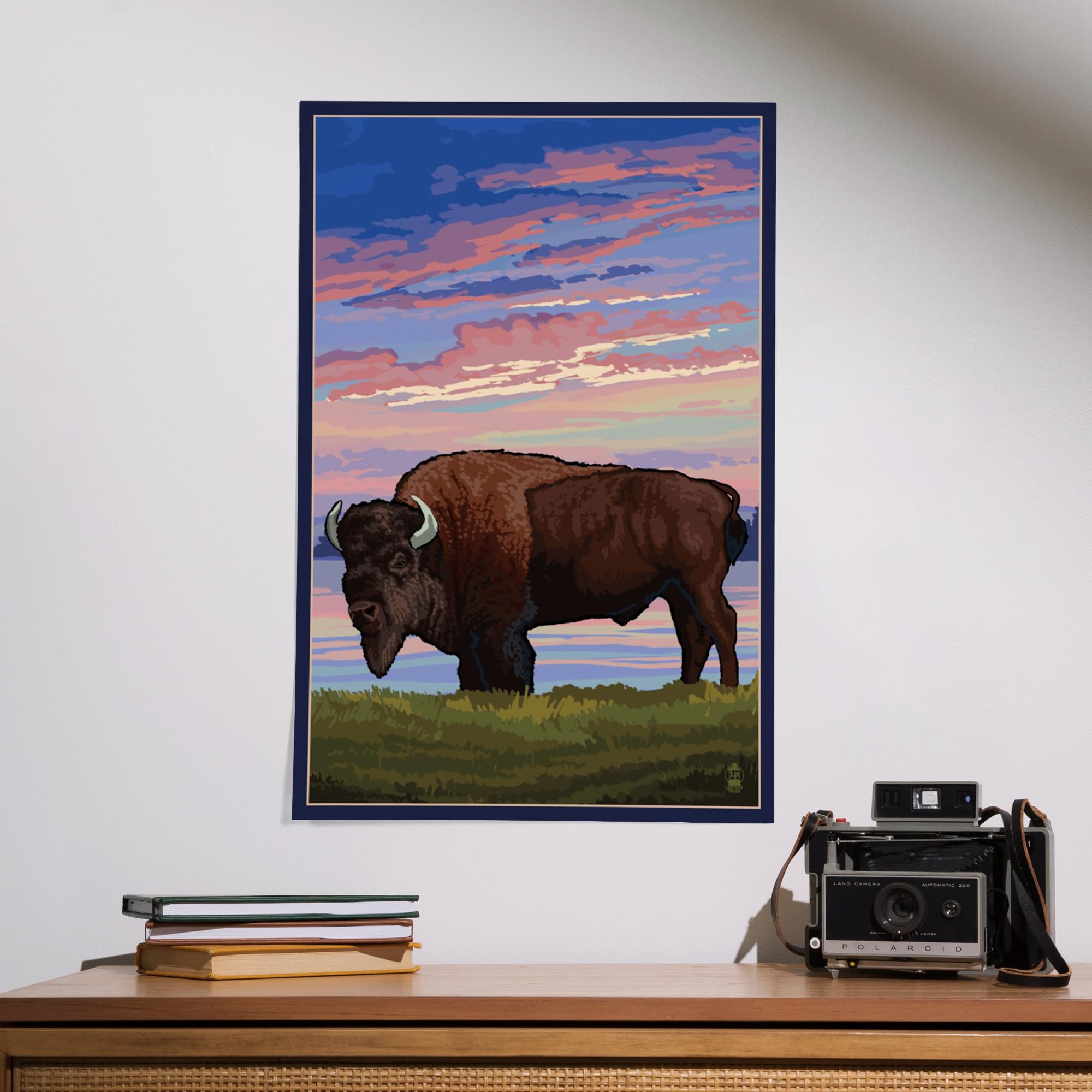 Lantern Press 16x24 Inch Giclee Art Print - Bison and Sunset Landscape Wall Decor | Premium Canvas Painting for Living Room, Bedroom & Office