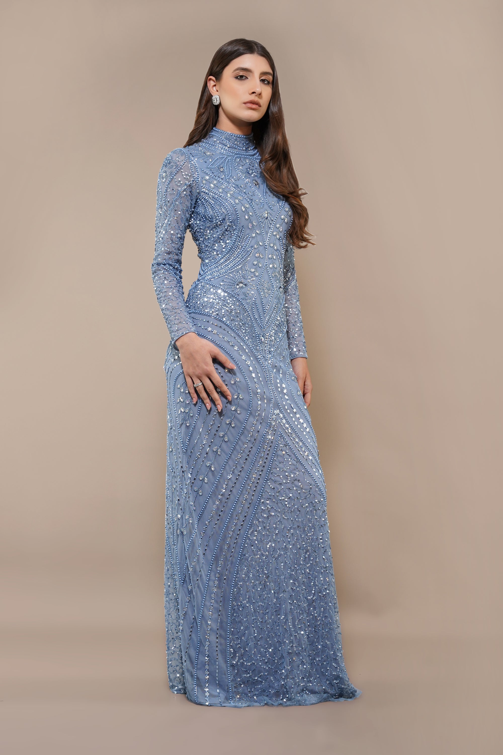 Light Blue Lotus Embellished Maxi Dress for Women - Elegant Boho Summer Beach Wedding Party Dress