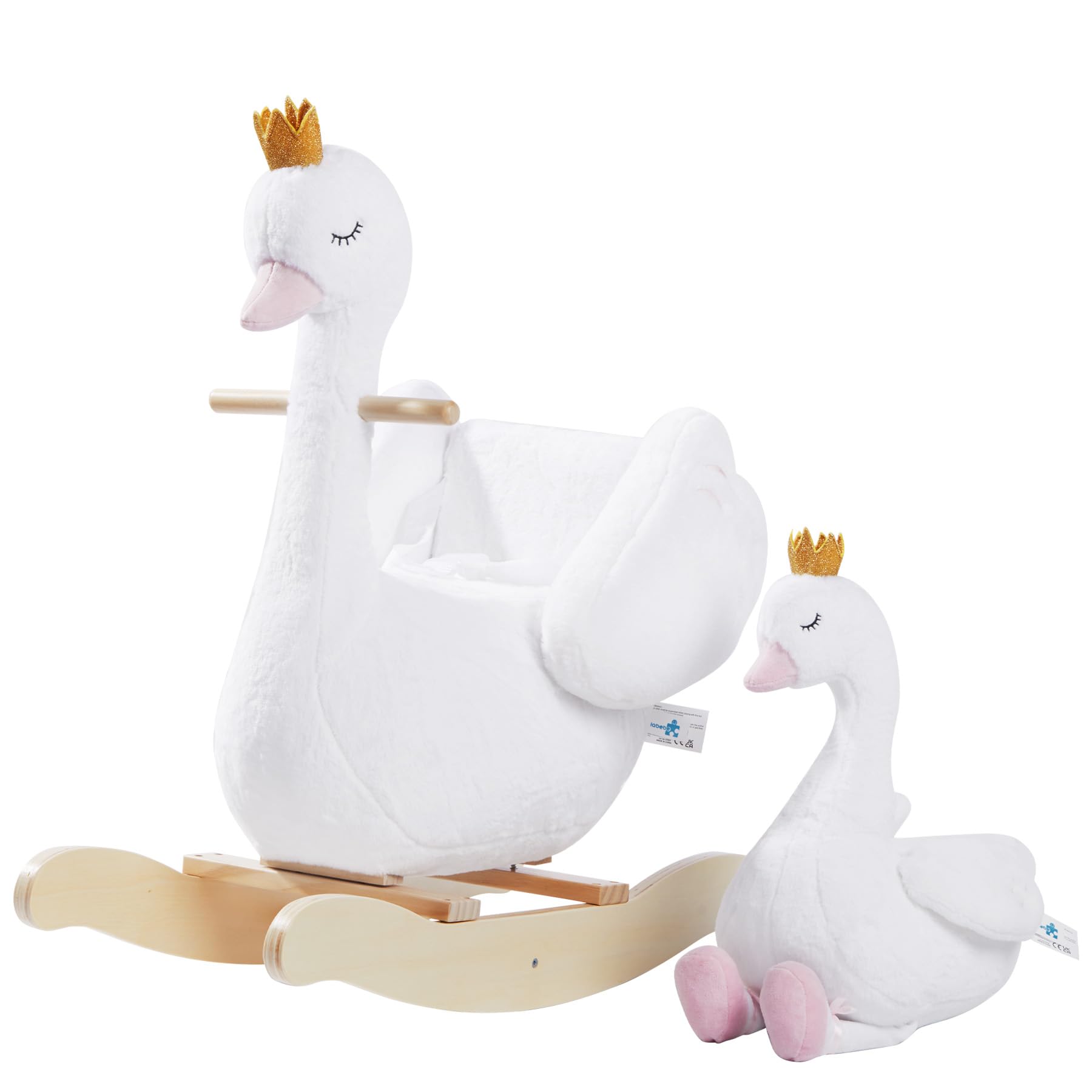 Labebe White Swan Wooden Rocking Horse with Plush Doll - Baby Rocker Toy for Boys & Girls 6+ Months - Perfect Nursery Decor, Christmas & Birthday Gift for Toddlers - Indoor Playroom & Outdoor Garden Fun