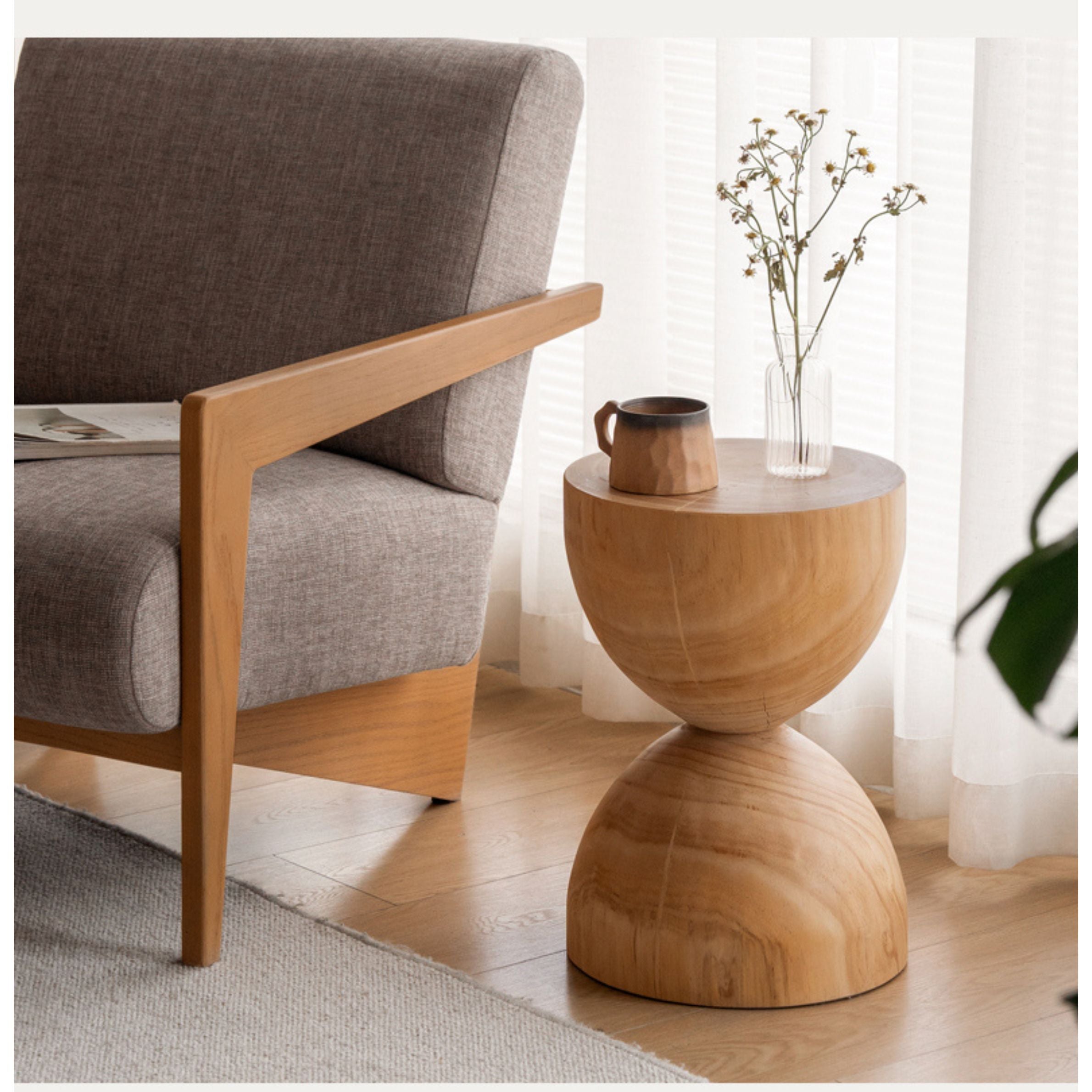 Pine Solid Wood Wabi Sabi Style Side Table - Handcrafted Natural Wood Nightstand for Bedroom, Living Room & Office - Rustic Minimalist End Table with Organic Texture