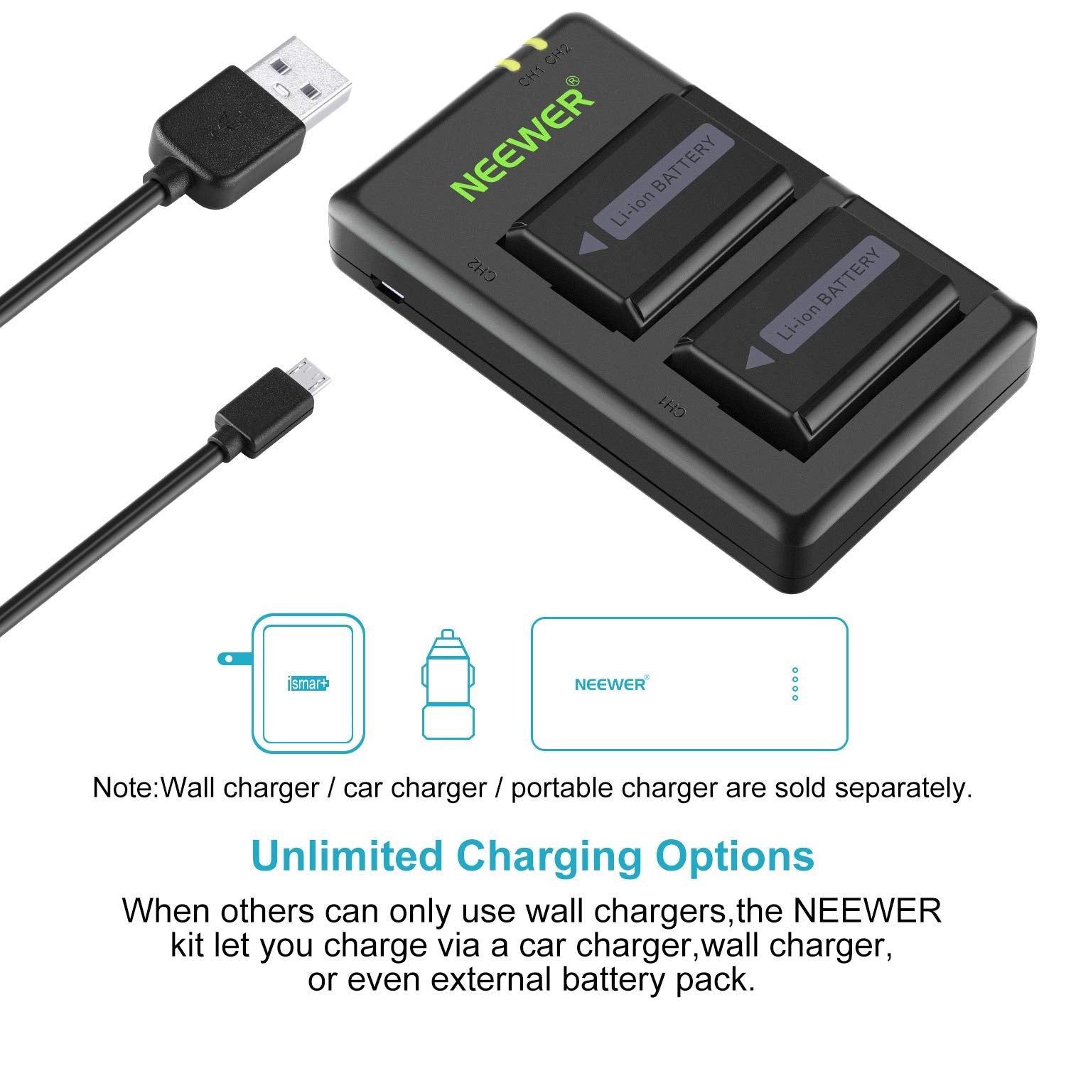 NEEWER NP-FW50 Camera Battery Charger Set for Sony A7, A7R, A7S, A5100, A6000 - Dual USB Charger with 2 Batteries - Perfect for Travel & Professional Photography