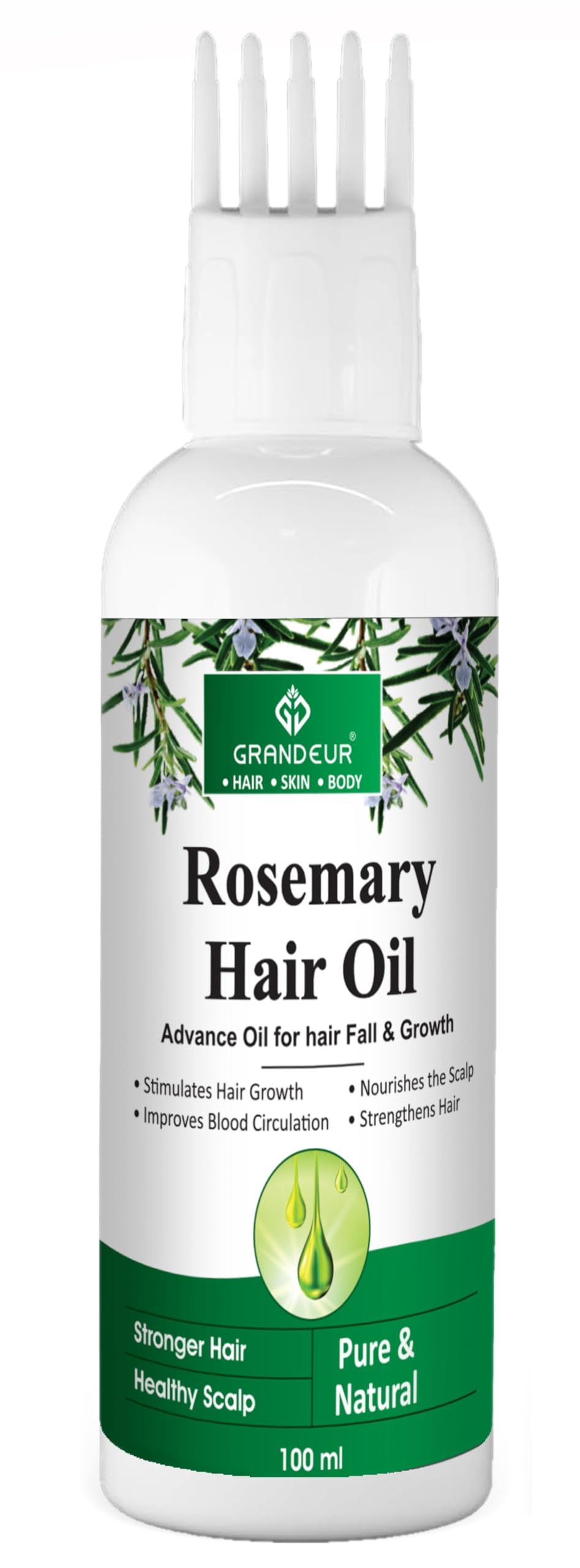 Grandeur Rosemary Hair Oil for Hair Growth & Hair Loss Control | Infused with Fenugreek & Olive Oil | 100% Pure Natural Hair Treatment | Strengthens & Nourishes Hair | 100ml | Perfect for Daily Scalp Massage & Damaged Hair Repair