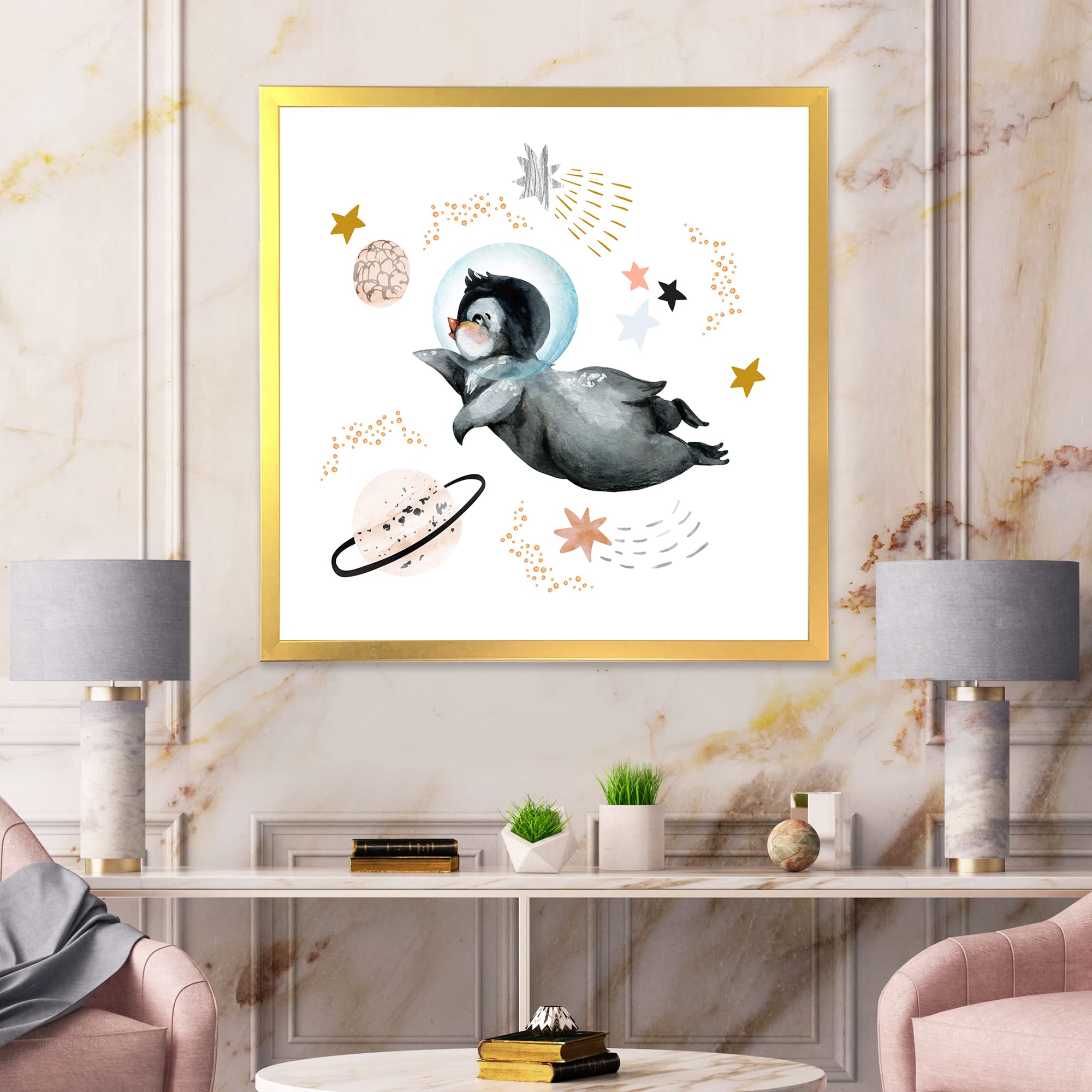DesignQ Little Penguin Flying Stars and Planets II Farmhouse Framed Wall Art - Nursery Decor, Kids Room Wall Decor, Living Room Artwork