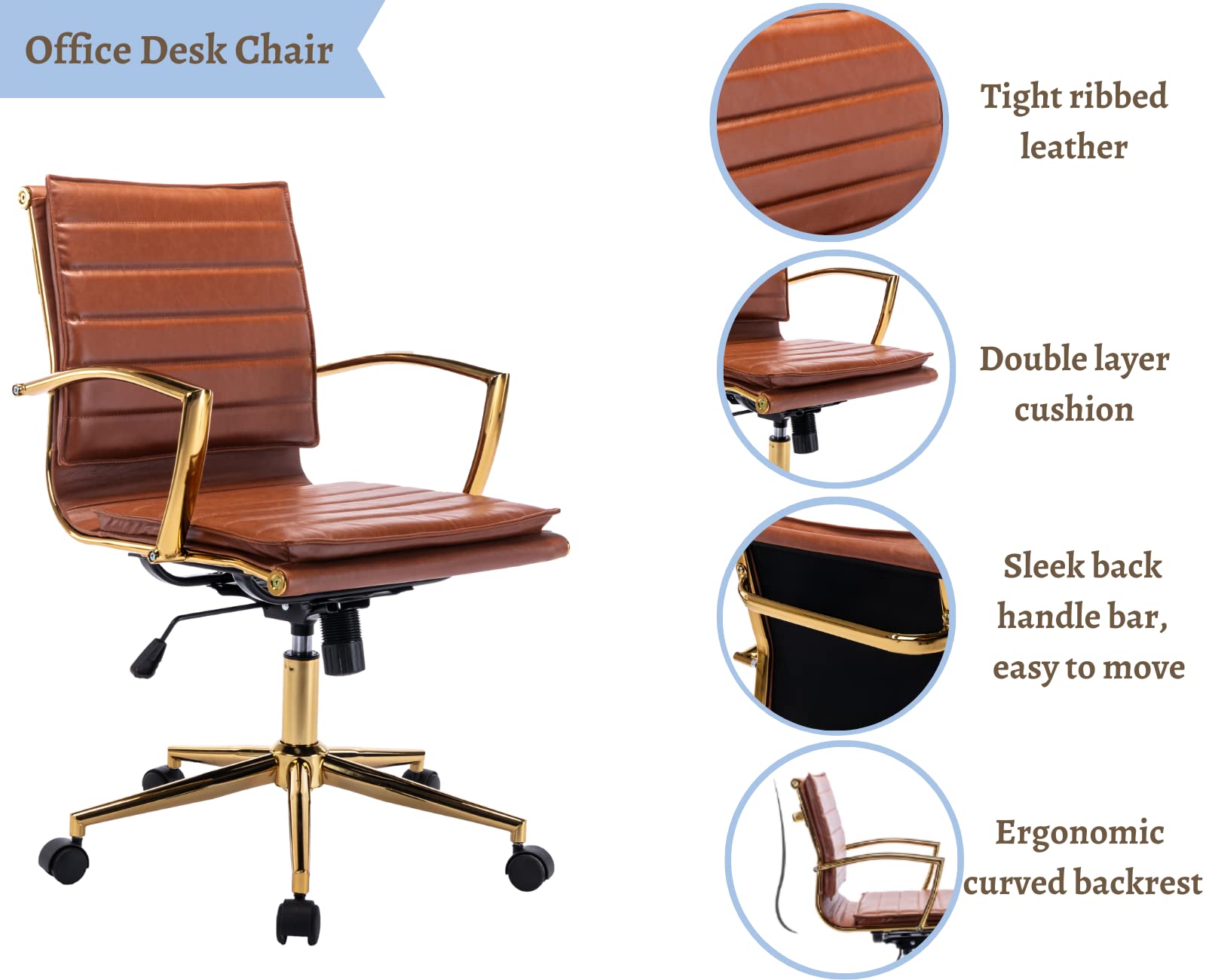 Premium Ergonomic Leather Office Chair with Wheels & Adjustable Height - Modern Brown Computer Desk Chair for Home & Conference Use - Comfortable Swivel Task Chair with Gold Base & Armrests - Ideal for Long Work Hours, Gaming & Remote Work