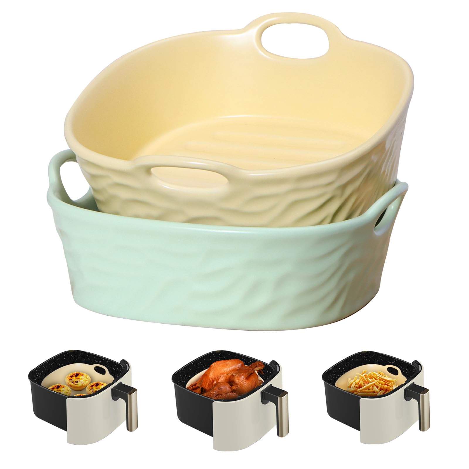 2-Pack 8.5 Inch Square Reusable Air Fryer Liners - Ceramic Non-Stick Baking Pans, Food Safe & BPA Free Air Fryer Accessories - Perfect Replacement for Silicone Liners (Yellow+Green) - Ideal for Cooking French Fries, Chicken Wings & Vegetables