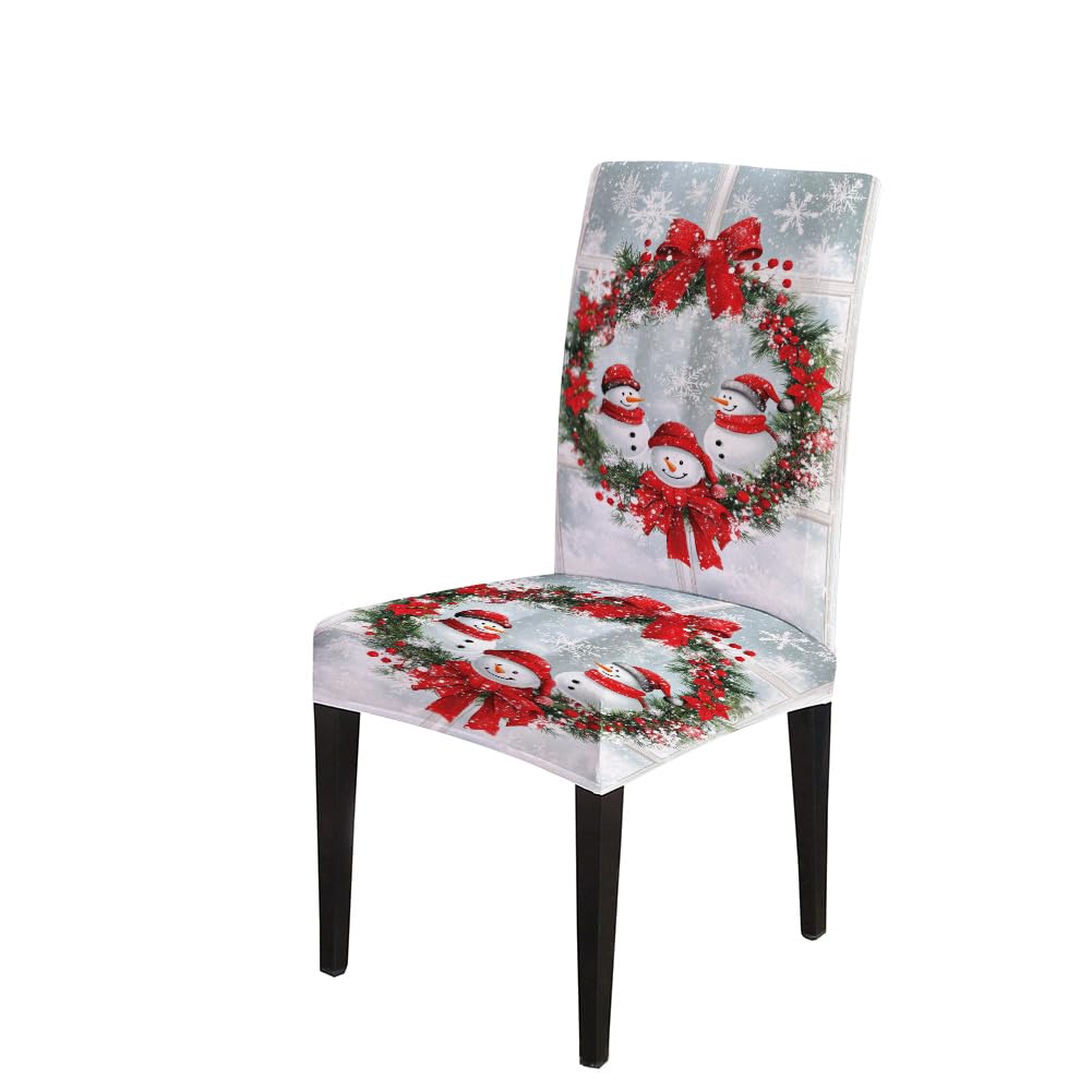 EMMTEEY Stretchy Christmas Dining Chair Covers Set of 2 - Washable Winter Wonderland Snowmen & Wreath Design Chair Protectors for Holiday Parties, Family Gatherings & Festive Home Decor