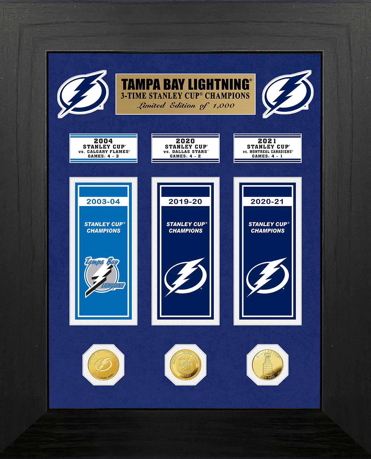 Tampa Bay Lightning 3-Time Stanley Cup Champions Deluxe Banner & Commemorative Gold Coin Set - Perfect for NHL Fans, Sports Memorabilia Collectors, and Man Cave Decor