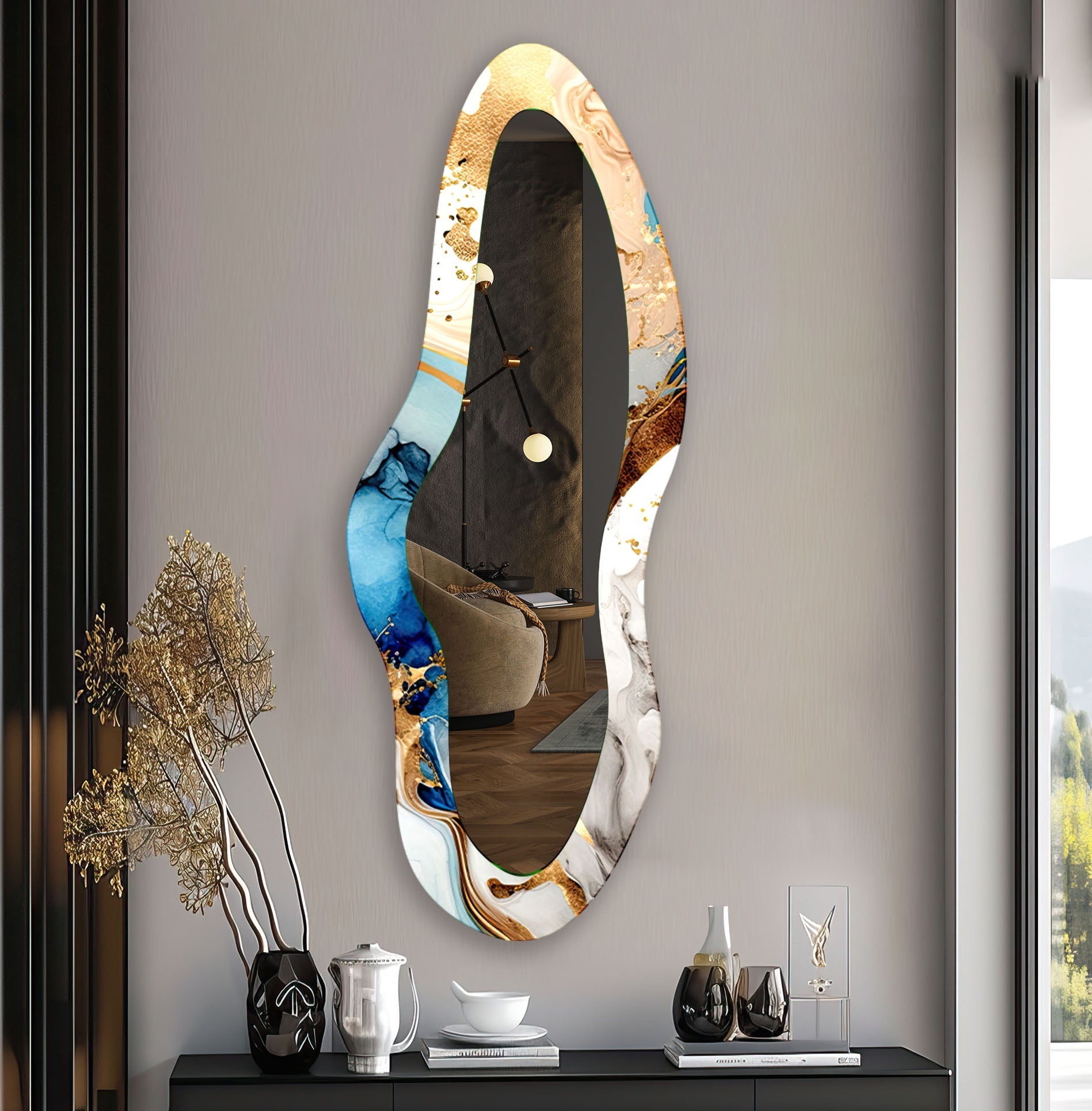 Blue Decorative Irregular Long Wall Mirror - Modern Unique Home Decor for Living Room, Bedroom & Entryway
