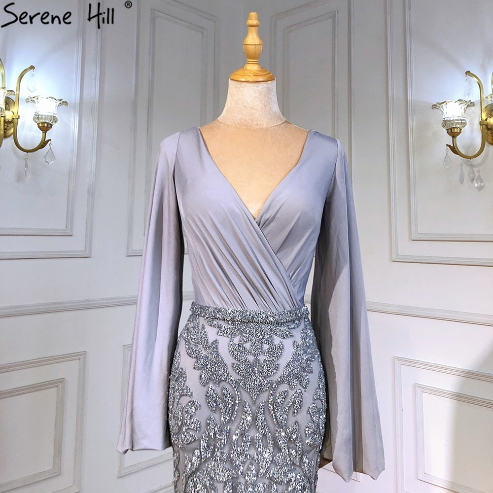 Serene Hill Grey Luxury Mermaid Evening Dresses for Women - Elegant Beaded Lantern Sleeve Gowns for Prom, Party & Formal Events | LA71484