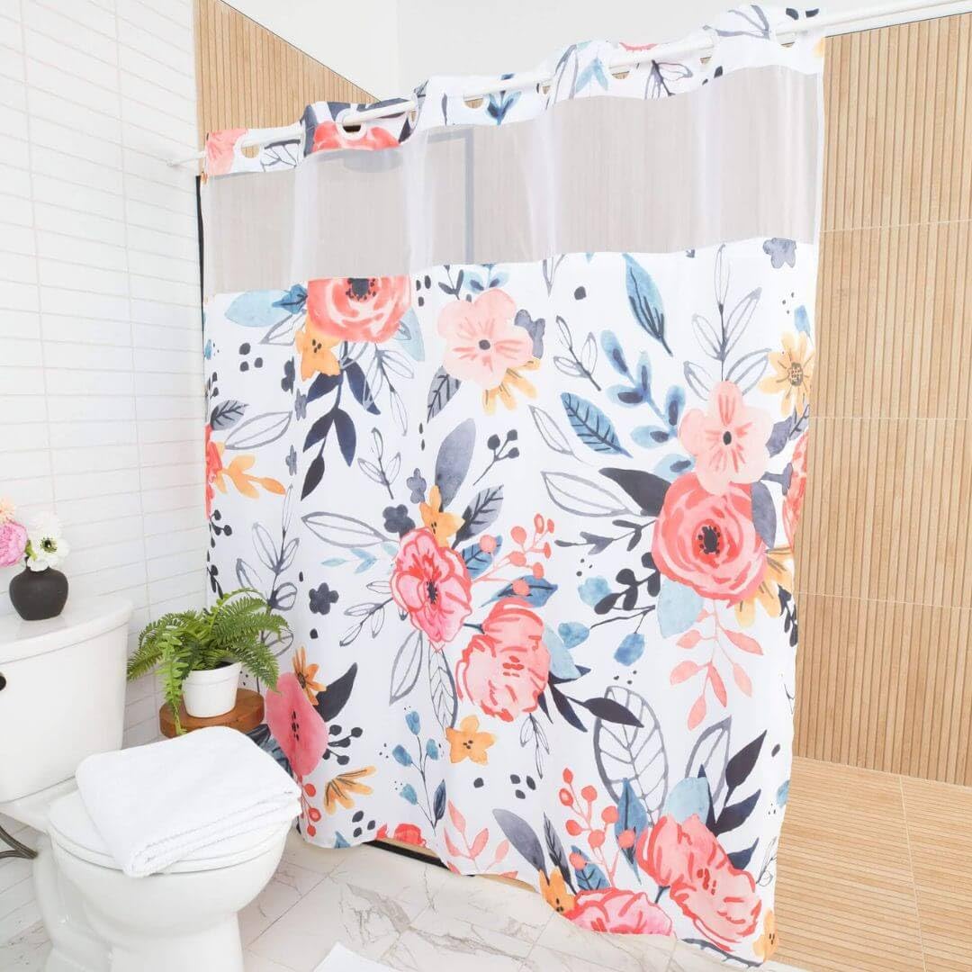 Riley Evans Snap-On Floral Shower Curtain with Liner - 71x74 Inch No Hook Bathroom Set with Window - Waterproof Hotel Style Shower Curtain for Bathroom Decor (Ideal for Guest Bathrooms, Vacation Rentals & Spa-Like Showers)