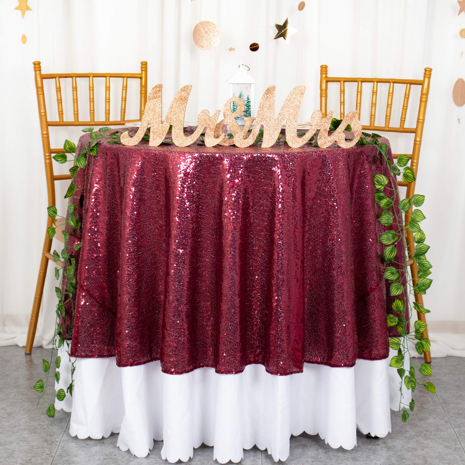 50 Inch Round Burgundy Sequin Tablecloth - Glitter Fabric Table Cover Overlay for Cake, Dessert, Party Decor - Perfect for Birthday Celebrations, Wedding Receptions & Holiday Dining Tables