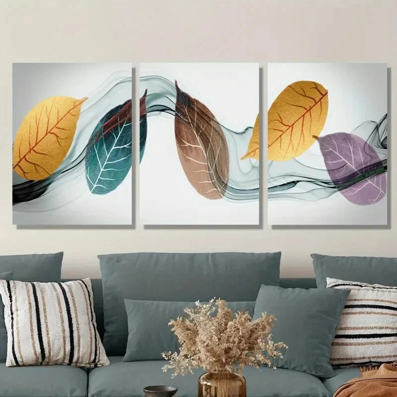 3PCS Golden Leaves Metal Wall Art Prints - Ready to Hang Modern Home Decor for Living Room, Bedroom & Office