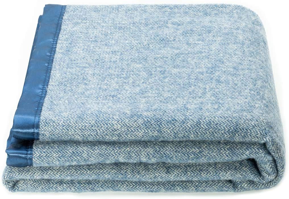Spencer & Whitney Blue Herringbone Wool Throw Blanket - Queen Size, Soft & Warm Bed Blanket for Winter, Perfect for Sofa, Bedroom & Cozy Nights by the Fireplace