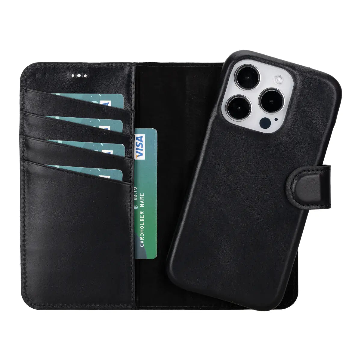 Premium Black Leather Wallet Case for iPhone 15 Pro - Slim Protective Cover with Card Slots | Perfect for Business, Travel & Everyday Use