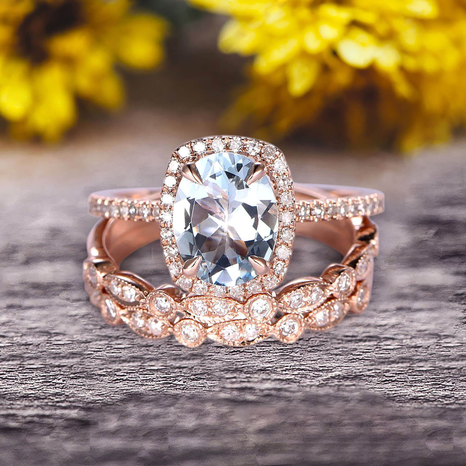 2 Carat Oval Cut Aquamarine & Moissanite Diamond Engagement Ring Set in 10k Rose Gold with Art Deco Vintage Matching Wedding Band - Perfect for Proposals, Anniversaries & Bridal Jewelry