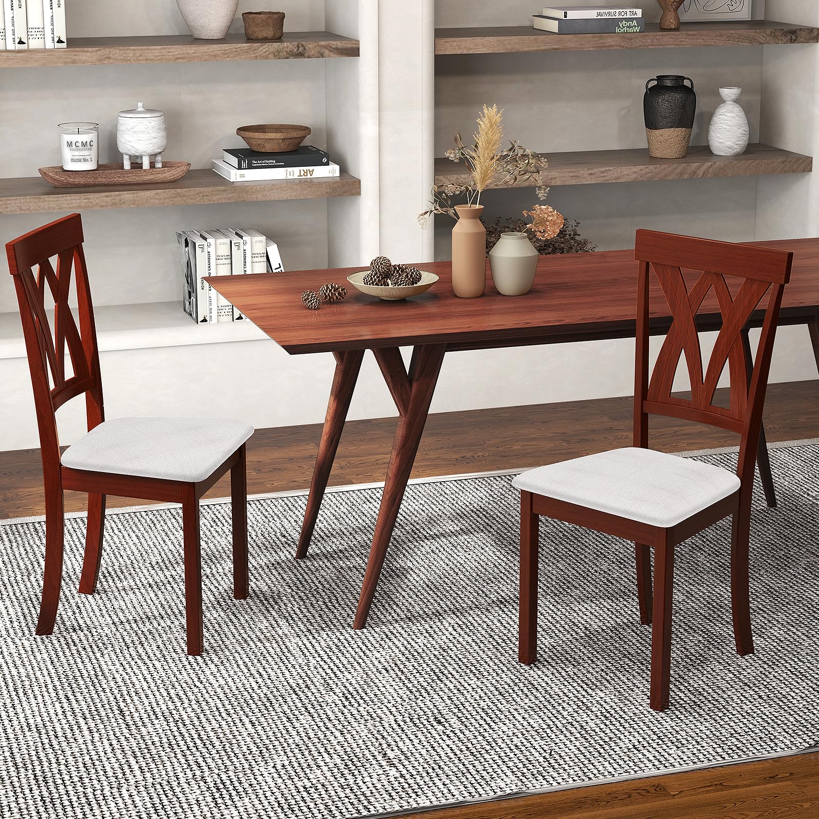 GOFLAME Set of 4 Wooden Dining Chairs - Upholstered Kitchen Side Chairs with Cushioned Seat, Sturdy Rubberwood Frame & Elegant Open Back Design - Perfect for Dining Room, Kitchen, Living Room & Small Spaces