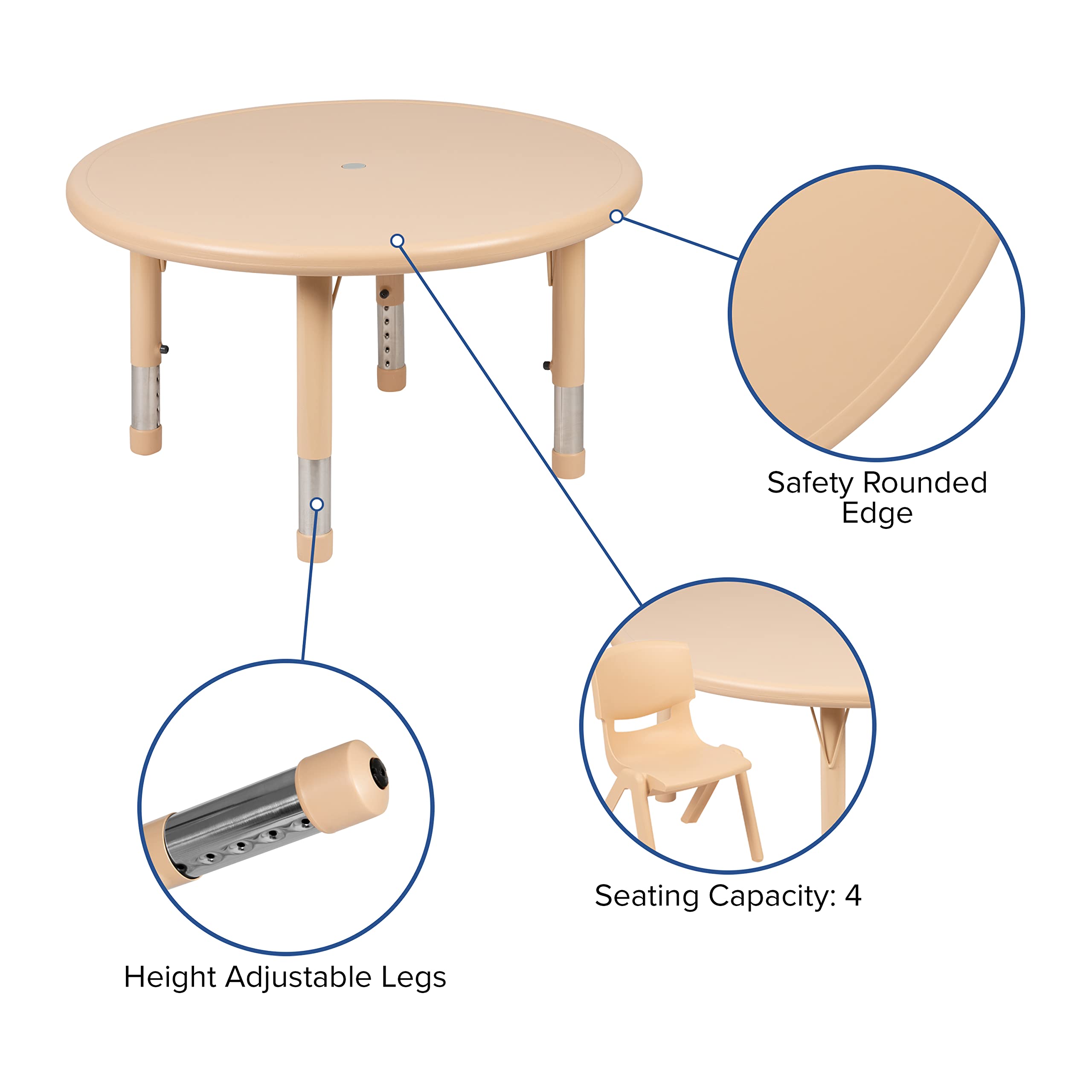 EMMA + OLIVER 33 Inch Round Adjustable Height Kids Activity Table - Durable Plastic School Table for 4 Children - Perfect for Classroom, Homeschool, Playroom & Daycare Learning Activities
