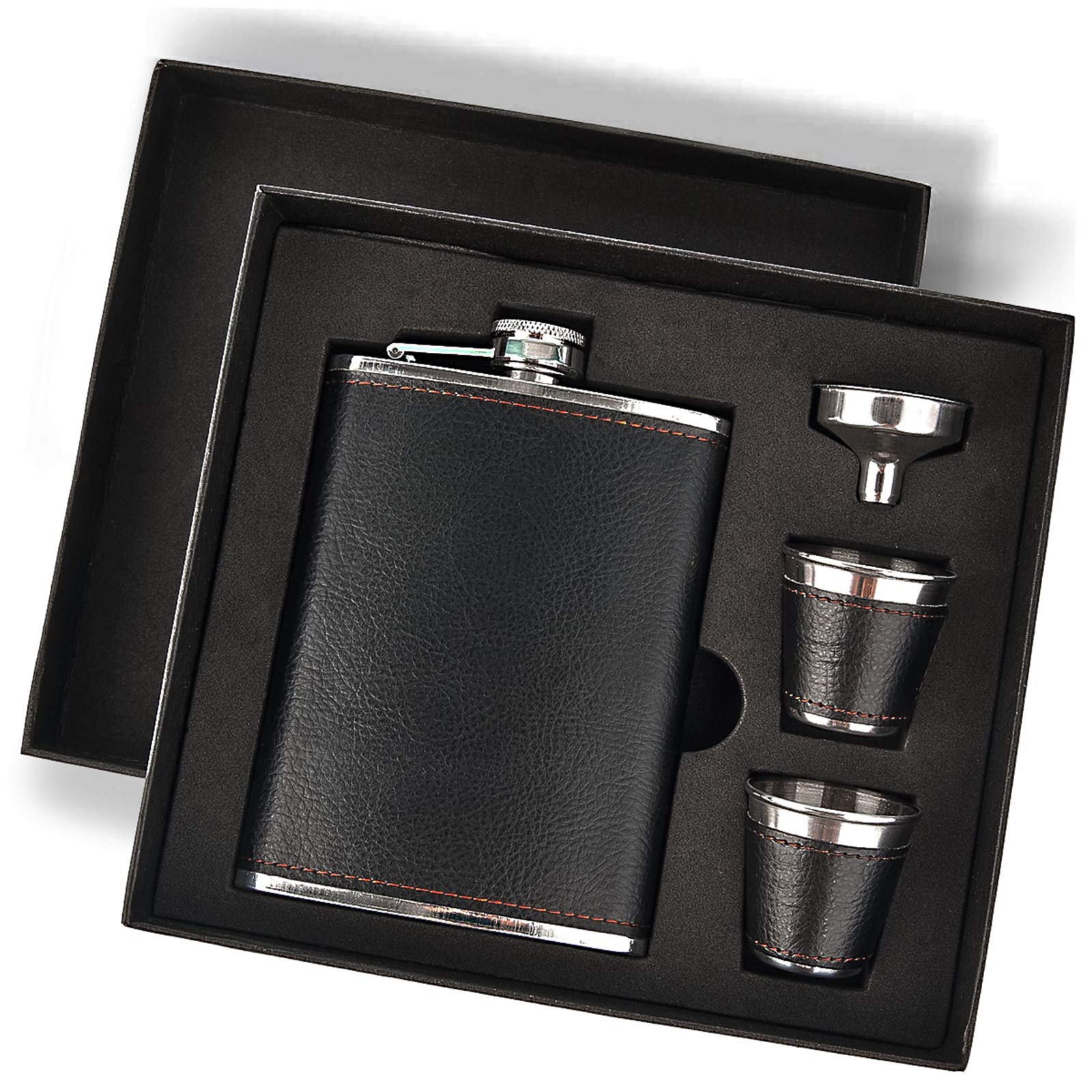 Premium Leather Wrapped Stainless Steel Flask Gift Set - 8oz Hip Flask with 2 Shot Glasses & Funnel - Perfect for Whiskey, Bourbon & Liquor - Great for Camping, Travel & Outdoor Adventures