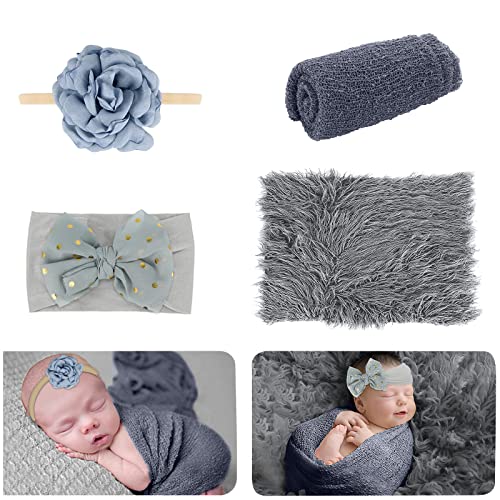 Premium 4-Piece Newborn Baby Photography Props Set - Soft Gray Ripple Wraps, Headbands & DIY Blanket for Baby Boys | Perfect for Newborn Photo Shoots, First Birthday Pictures & Professional Studio Sessions