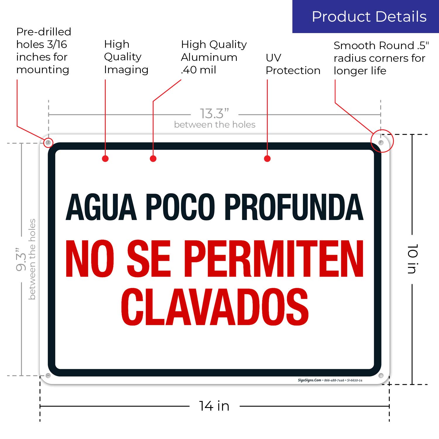 No Diving Sign - 10x14 Inches Rust-Free Aluminum Pool Warning Sign for Shallow Water (Spanish/English) - Fade Resistant Indoor/Outdoor Use - Made in USA - Perfect for Swimming Pools, Beaches & Water Parks