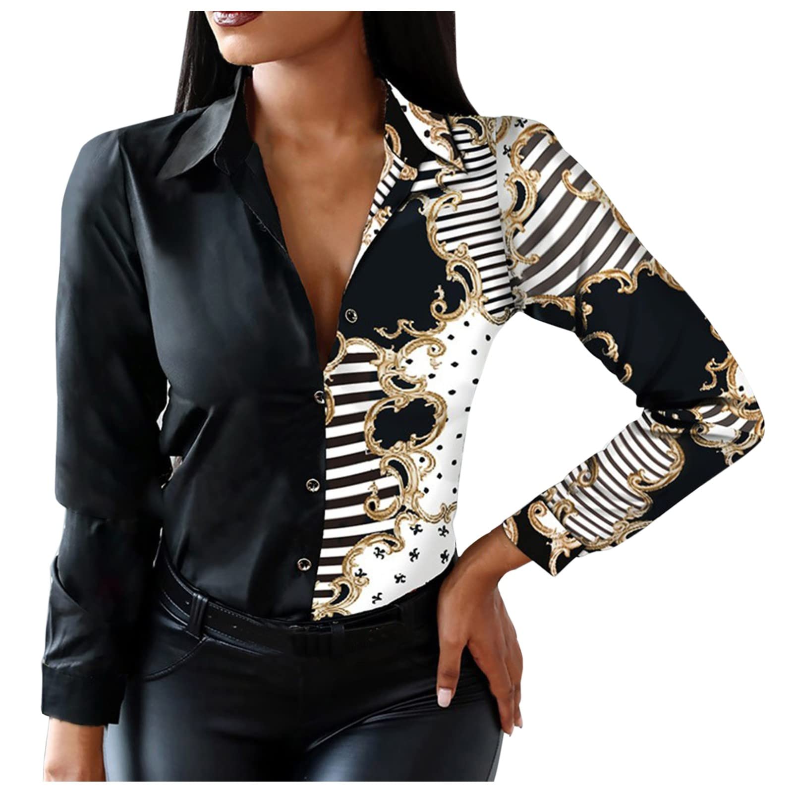 FMCHICO Women's Sexy Button Down Shirts - Color Block Long Sleeve Collar Blouse Tops for Casual & Office Wear | Loose Fit T-Shirt Style for Everyday Comfort