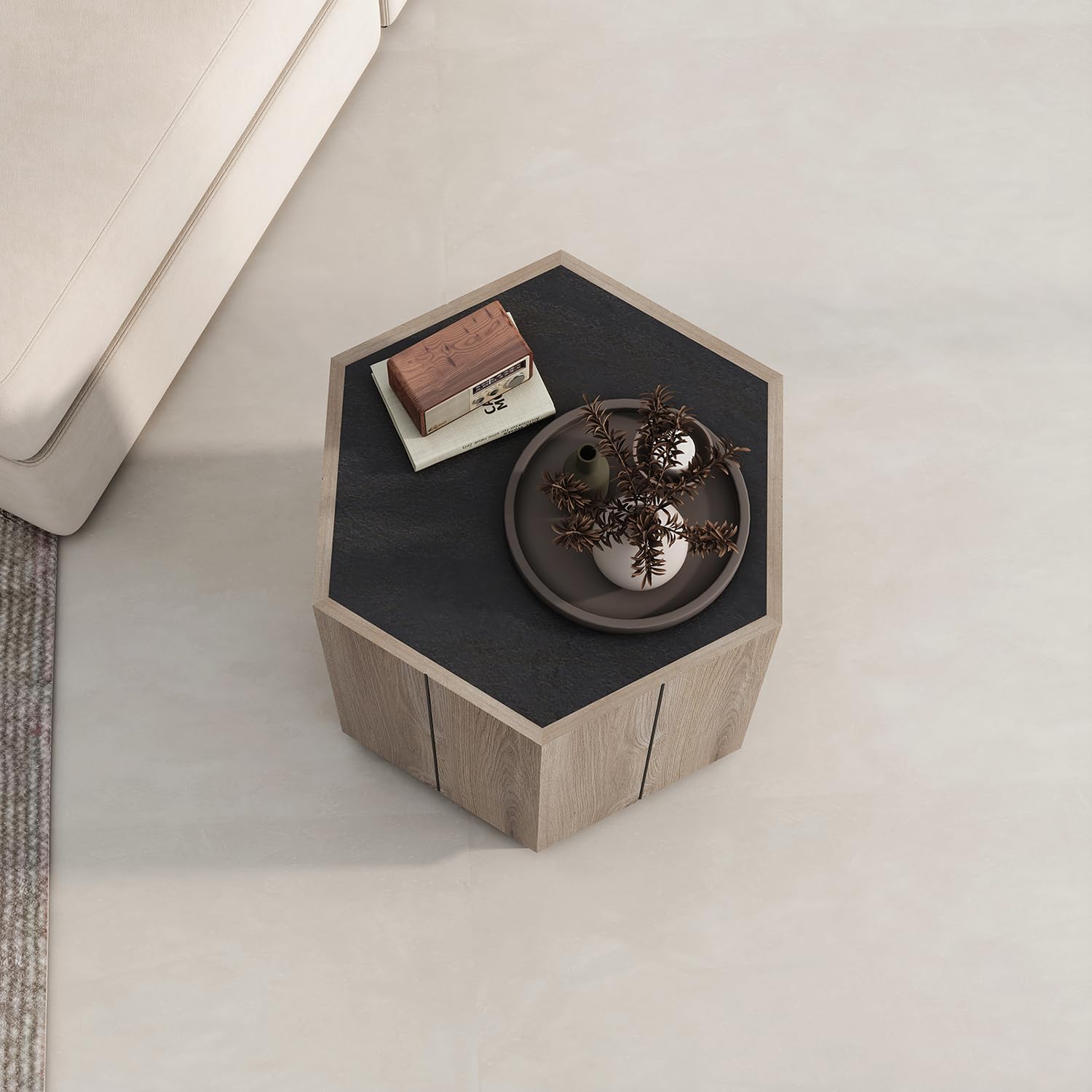 Industrial Gray Solid Wood Hexagonal End Table with Drawer - Modern Sofa Side Table for Bedroom, Living Room & Office - Perfect for Small Spaces, Coffee Table Alternative, Reading Nook Accent