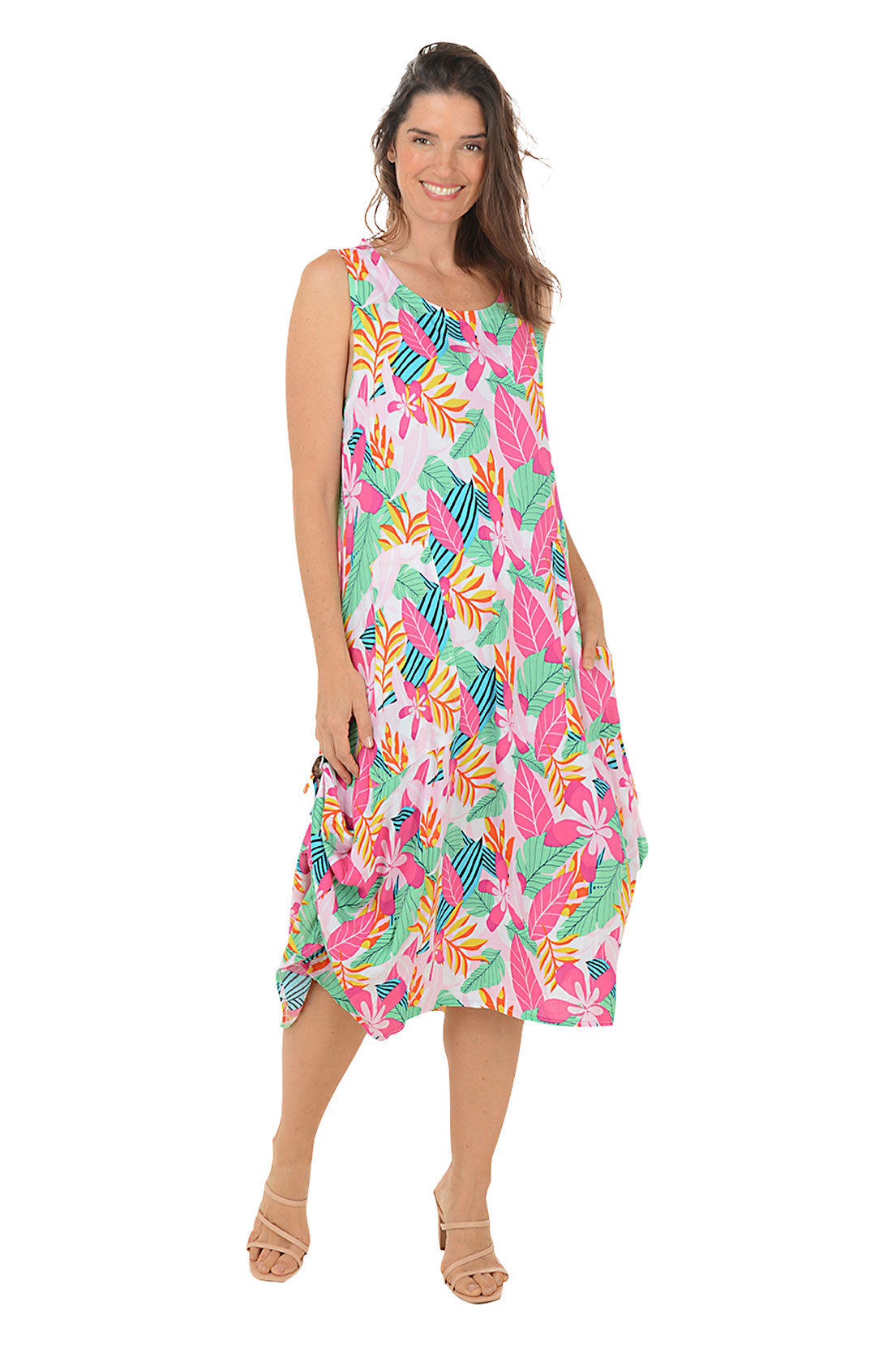 Fuchsia Leaf Print Sleeveless Convertible Maxi Dress for Women - Summer Beach Cover Up, Garden Party, Outdoor Wedding Guest Outfit
