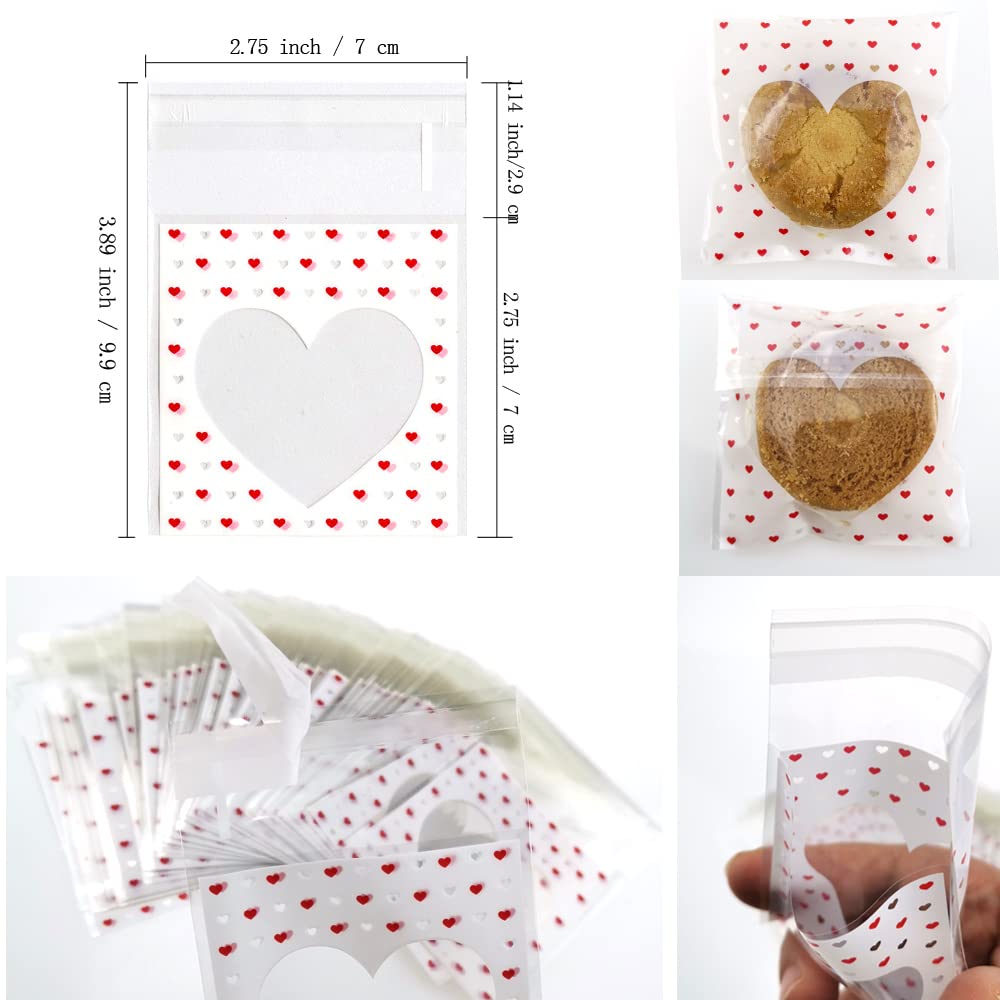 FAZHBARY 200 PCS Valentine's Day Heart Shaped Cellophane Bags - Self Sealing Mini Treat Bags for Cookies, Candy, Chocolates - Perfect for Bakery Supplies, Party Favors, Wedding Treats & Gift Packaging