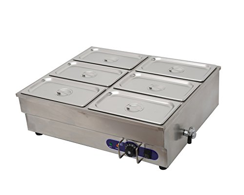 TECHTONGDA 6-Pot Bain Marie Food Warmer - 6 x 1/3 Size Pans, 6-Inch Deep Stainless Steel Pans, 110V 1500W Commercial Food Warmer for Buffets, Catering & Restaurant Food Service