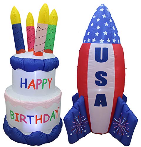 Patriotic Birthday Party Decorations Bundle - 6ft Inflatable USA Flag Rocket & Happy Birthday Cake with LED Lights - Perfect for 4th of July, Independence Day & Birthday Celebrations