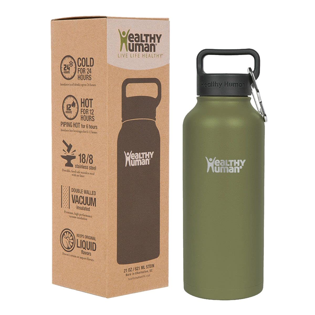 Healthy Human BPA-Free Stainless Steel Insulated Water Bottle - 20oz/32oz Leakproof Sports & Travel Thermos for Gym, Hiking, Camping & Outdoor Activities