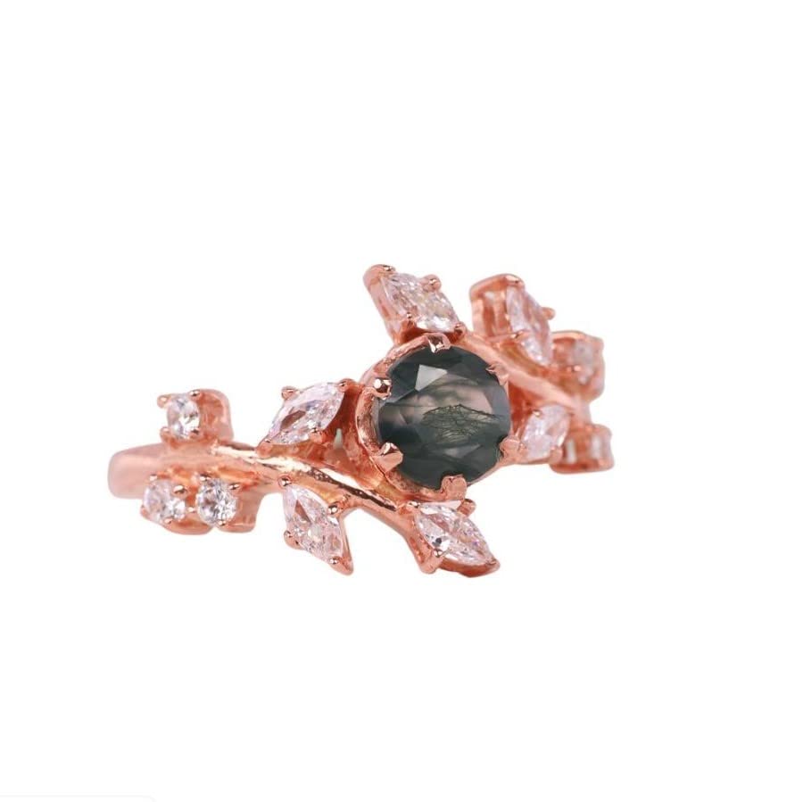 Natural Moss Agate Engagement Ring - Dainty Branch Style Wedding Band with Green Gemstone & Diamond Accents, Rose Gold Plated Solitaire Minimalist Promise Ring for Women | Perfect for Proposals, Anniversaries & Everyday Wear | by Kanishka Gems Jewels