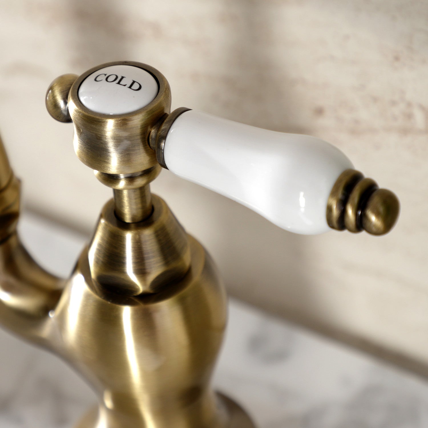 Bel Air KS7973BPL Antique Brass 3-Hole Deck Mount Bathroom Faucet with Two Handles & Brass Pop-Up Drain - Perfect for Vintage Style Bathrooms and Powder Rooms