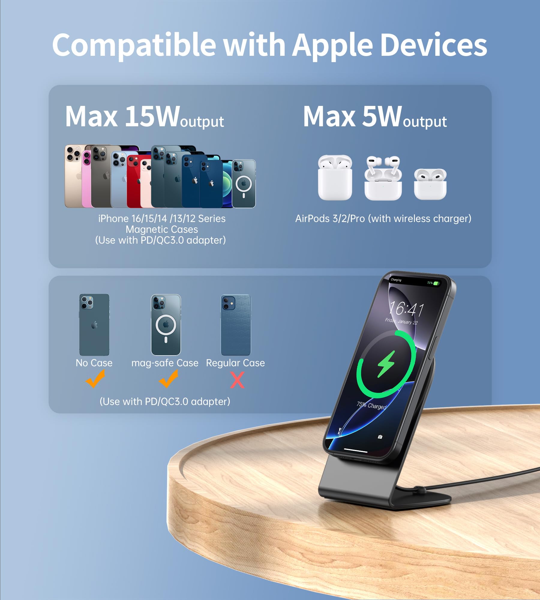 Magnetic Wireless Charging Stand for iPhone 16/15/14/13/12 Pro Max/Mini - 15W Fast Magsafe Charger with USB-C Cable & USB-A Adapter - Compatible with AirPods (No Power Adapter) | Perfect for Home, Office & Travel Charging
