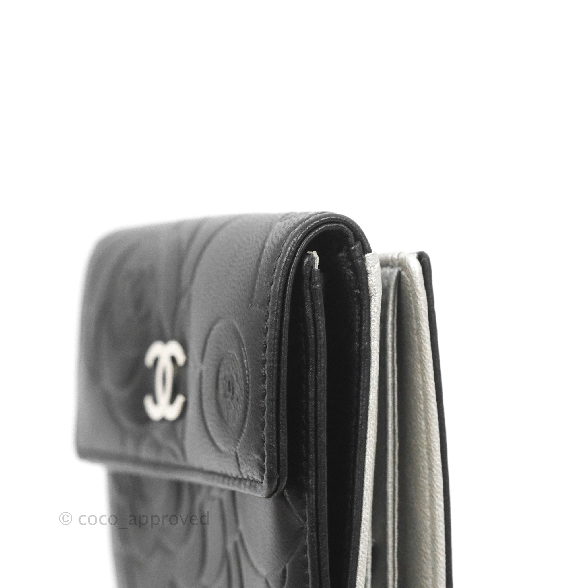 Chanel Camellia Embossed Tri-Fold Short Wallet in Black Lambskin with Silver Hardware - Luxury Compact Wallet for Everyday Use & Special Occasions