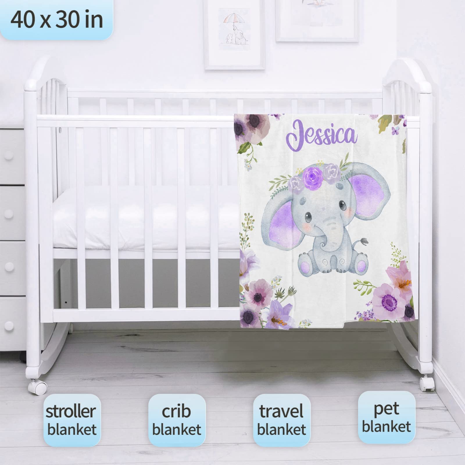 Personalized Custom Baby Blanket with Name - Purple Floral Elephant Design - Soft Fleece Flannel Blanket for Boys & Girls - Perfect Baby Shower Gift, Birthday Present for Daughter - Extra Large 120