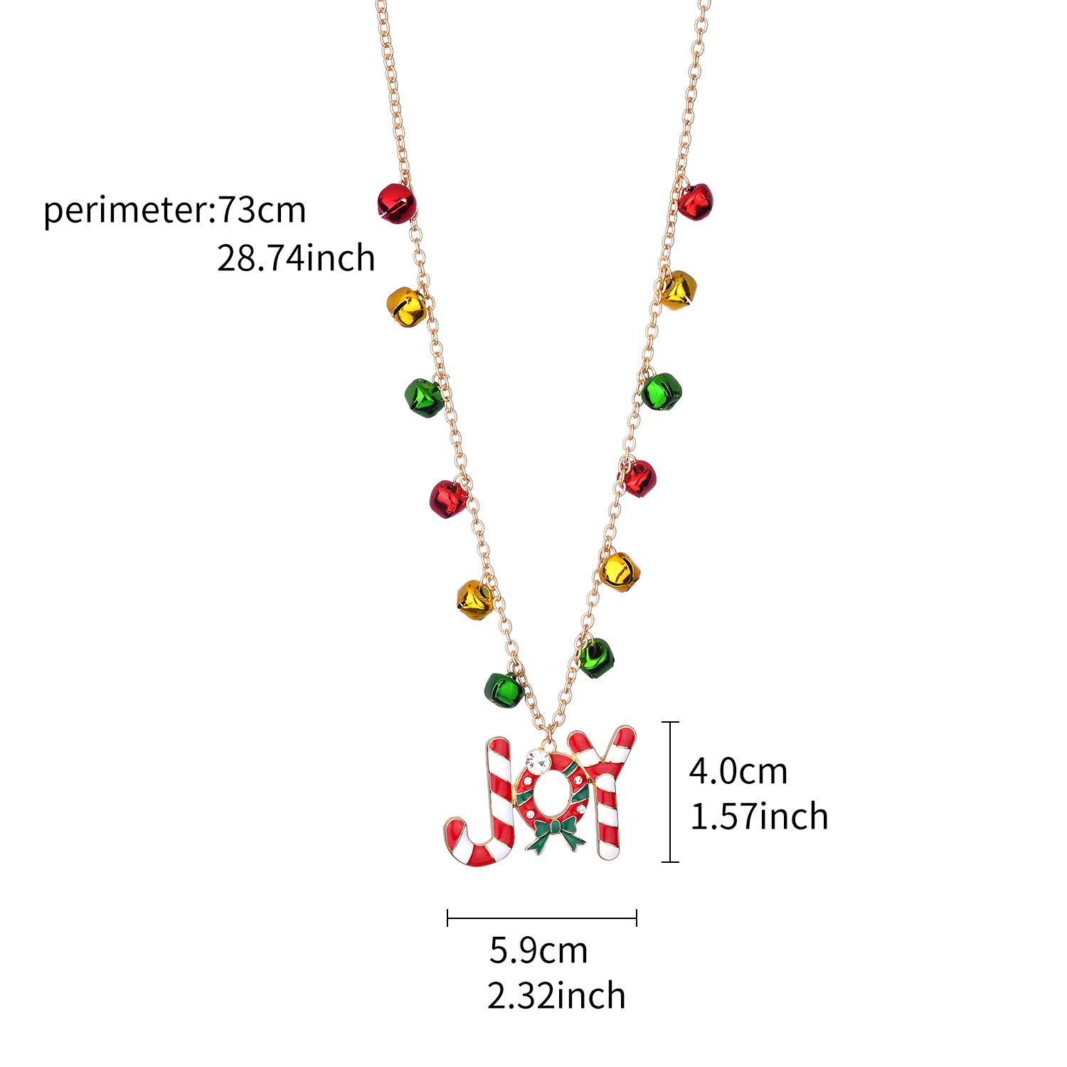 Christmas Gold Red Green Bell Necklace - Candy Cane Wreath Chain for Holiday Party