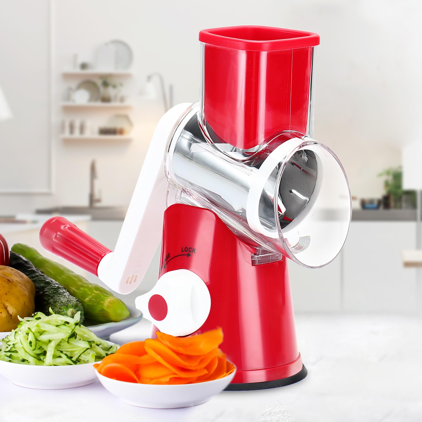 Premium Rotary Cheese Grater - Hand Crank Shredder for Cheese, Vegetables & Nuts | Non-Slip Suction Base | Includes 3 Blades & Free Cleaning Brush (Red) | Perfect for Kitchen, Pizza, Pasta & Salad Prep