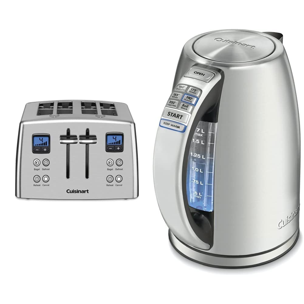 Cuisinart CPT-435P1 4-Slice Countdown Motorized Toaster & JK-17P1 Electric Cordless Tea Kettle Set - Stainless Steel, 1.7L Capacity, 1500W - Perfect for Breakfast & Tea Time in Modern Kitchens
