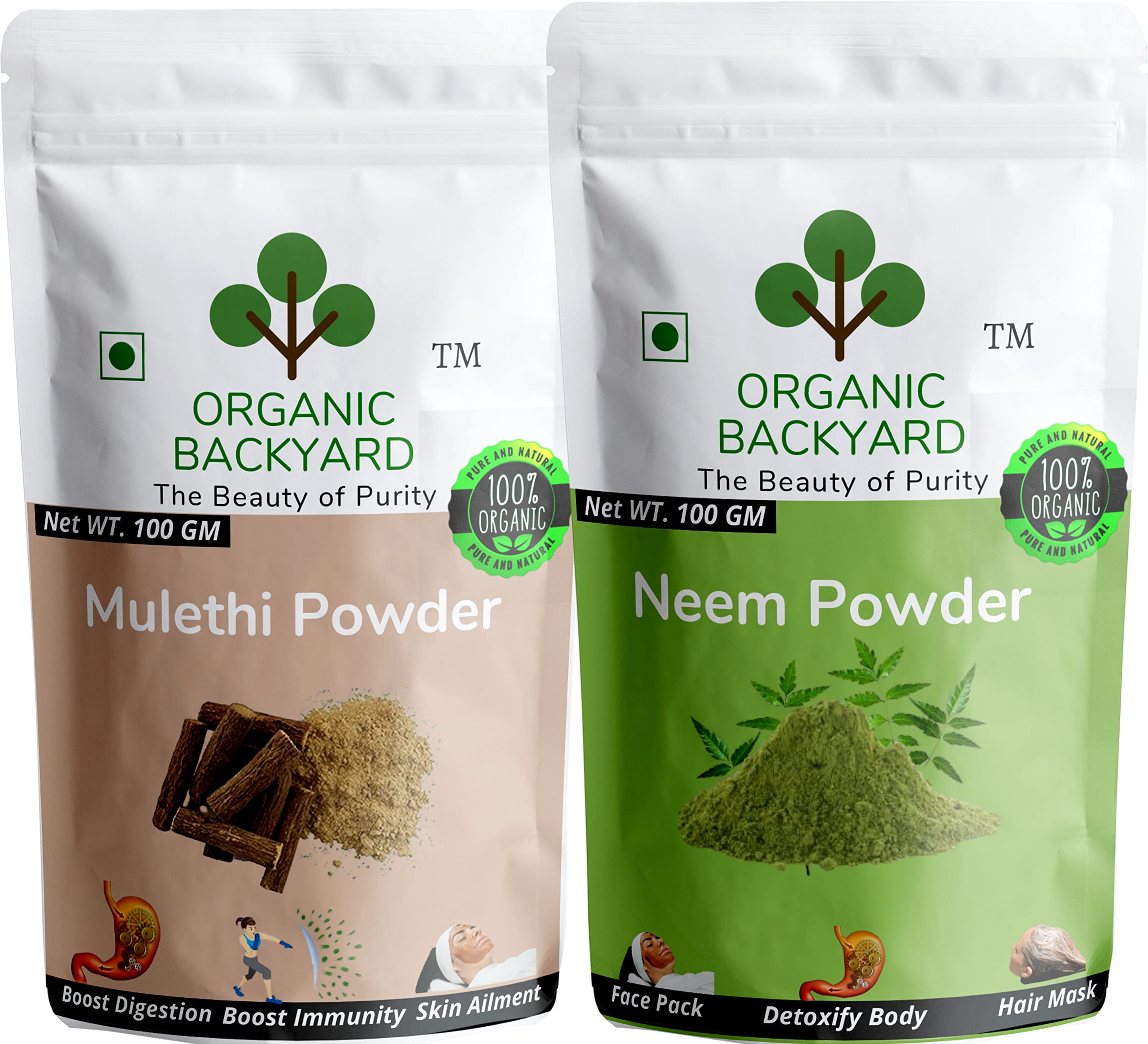 Organic 100% Natural Mulethi and Neem Powder Combo - 100g Each for Face Care & Skin Health | Ayurvedic Herbal Treatment for Acne, Glow & Detox | Perfect for DIY Face Masks & Natural Beauty Routines