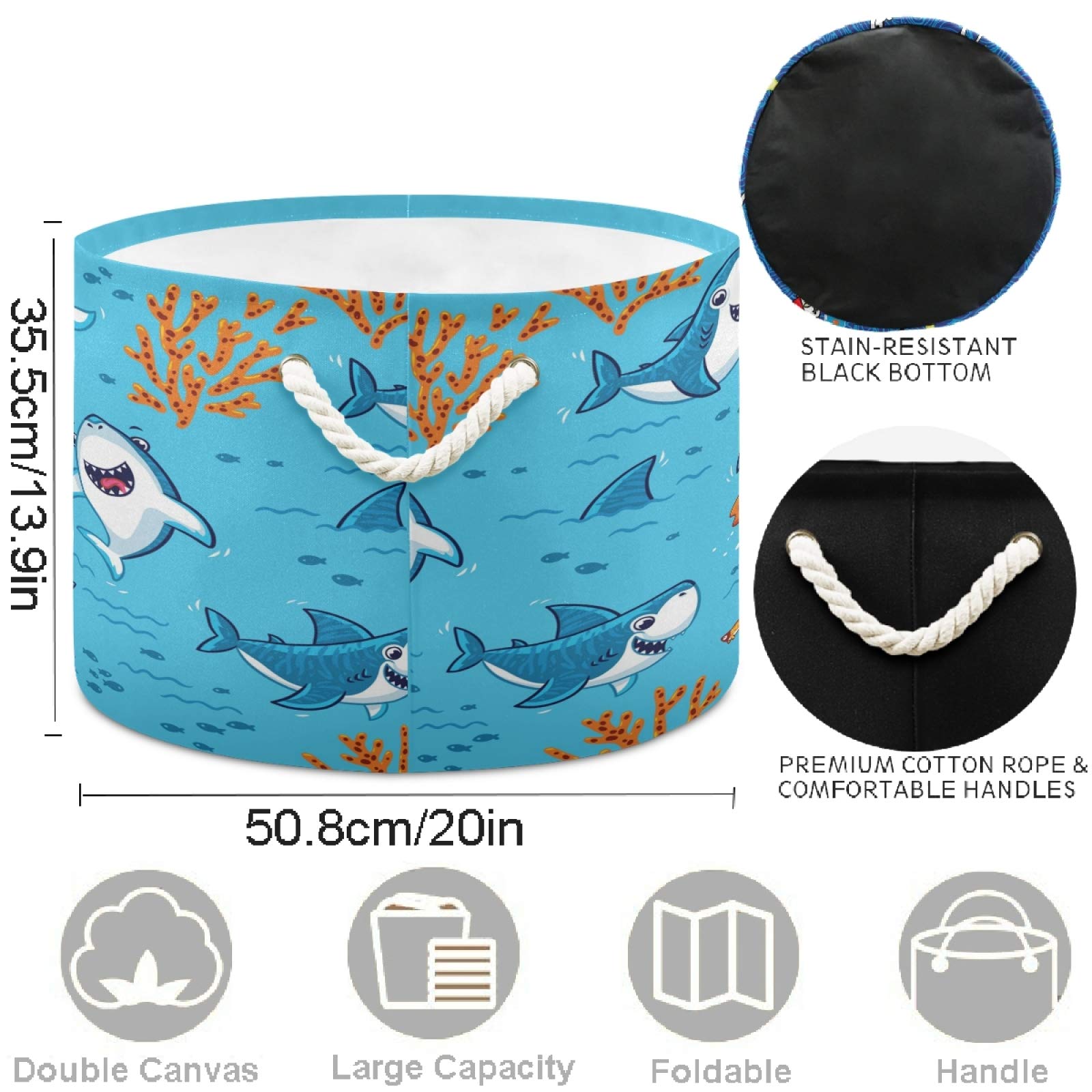 Visesunny Shark Coral Cartoon Storage Basket - Canvas Fabric Toy Organizer Bin, Nursery Hamper & Laundry Basket for Kids Room, Playroom, Shelves | Durable Kids Toy Storage Solution for Bedroom, Daycare & Play Areas