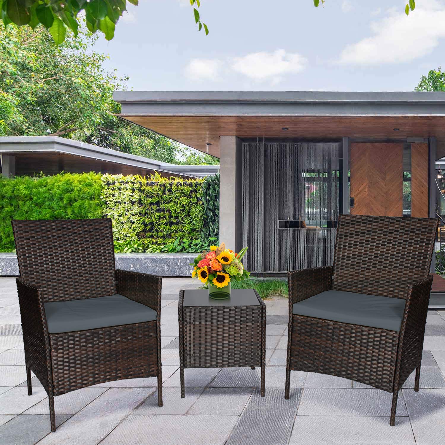 3-Piece Outdoor Patio Furniture Set - PE Wicker Rattan Chairs & Table Sofa with Cushioned Seats, Brown & Gray - Perfect for Garden, Poolside, and Backyard Relaxation