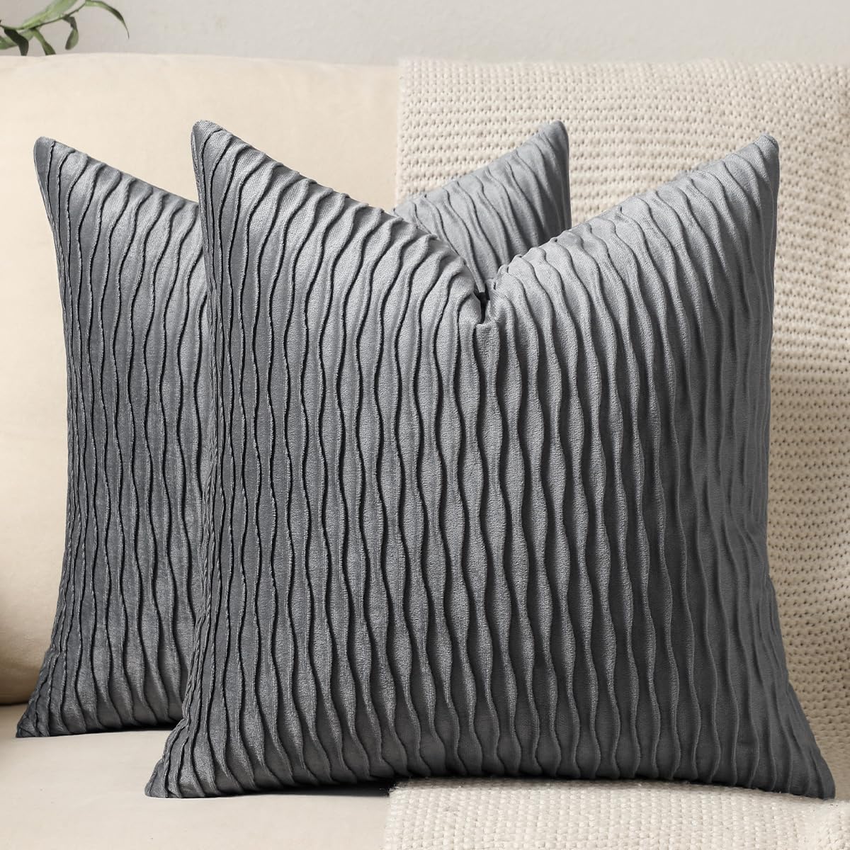 DEZENE Grey Striped Velvet Pillow Covers - Set of 2 (20x20 Inches) Farmhouse Decorative Throw Pillow Cases for Sofa, Couch & Bed - Perfect for Living Room, Bedroom & Home Decor