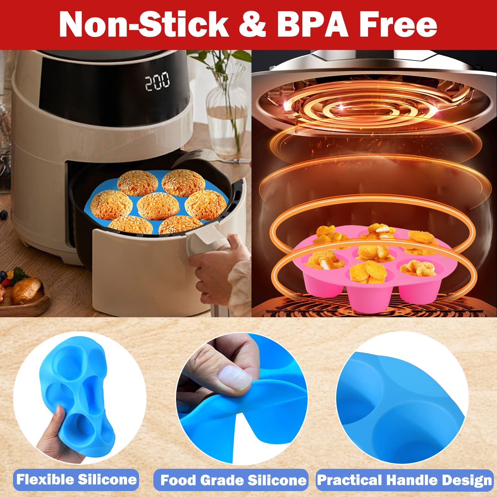 XANGNIER 2-Pack Silicone Muffin Pan for 3QT-5QT Air Fryer | Non-Stick Reusable Cupcake Baking Mold | Perfect for Muffins, Cupcakes & Egg Bites | Air Fryer Accessories for Quick Breakfast & Healthy Snacks