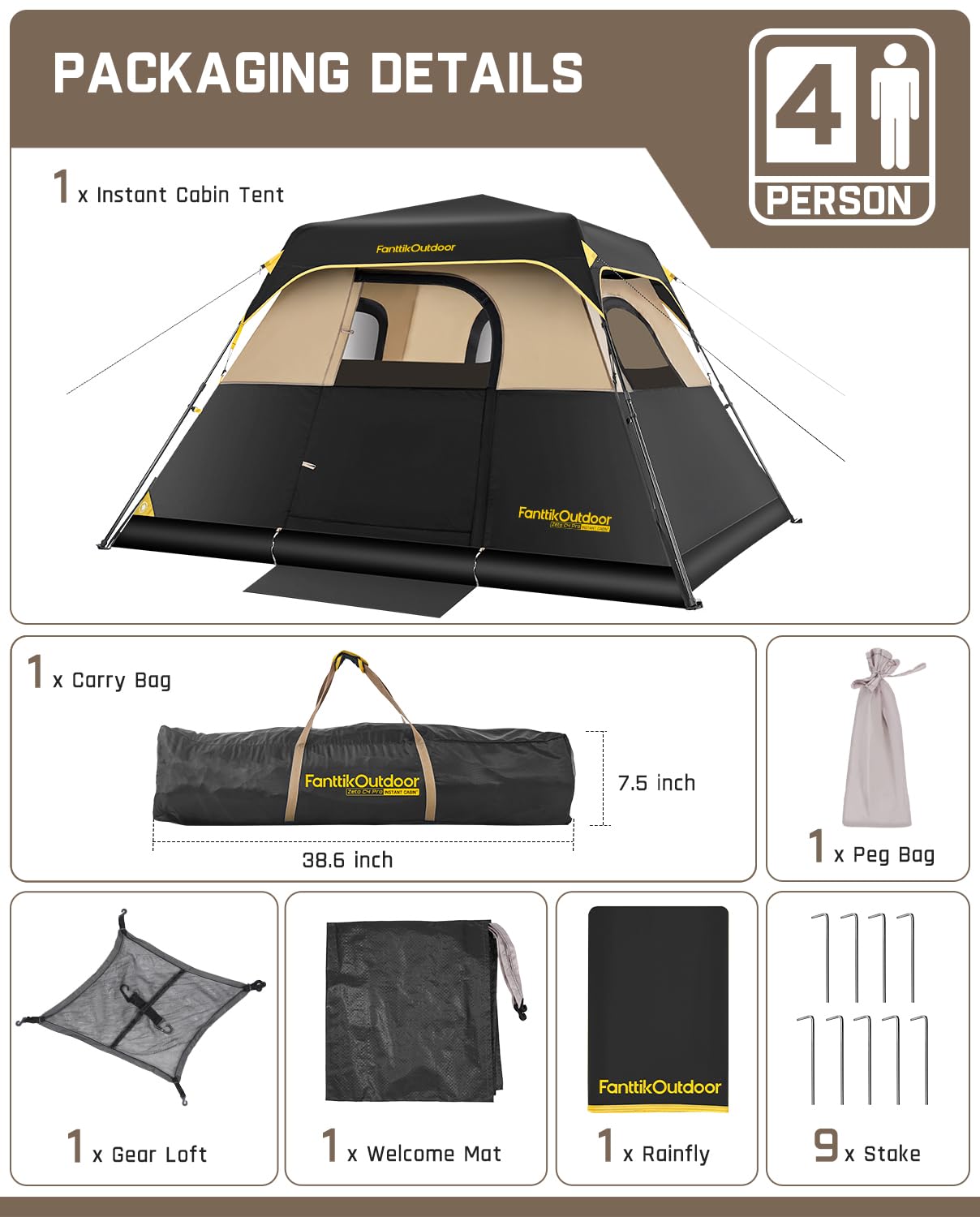 Fanttik 4/6/8/10 Person Instant Cabin Tent - 60 Second Setup, Waterproof Rainfly & Windproof Design - Portable Camping Tent with Carry Bag for Family Camping, Hiking, Backpacking & Outdoor Adventures