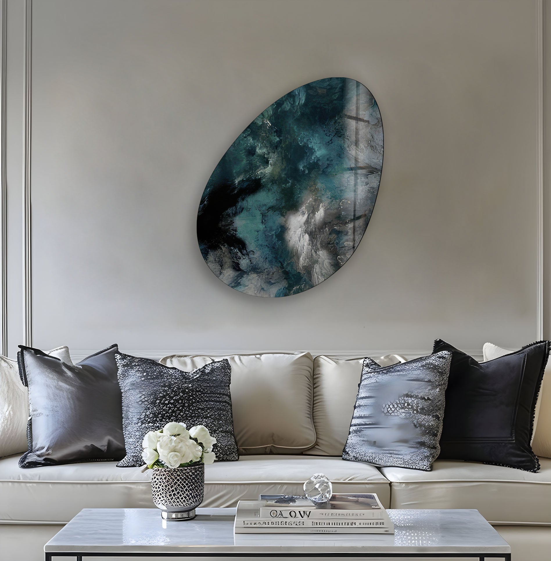 Abstract Dark Green Oval Glass Wall Art - Modern Home Decor for Living Room, Bedroom & Office - Handmade Glass Artwork for Unique Interior Design