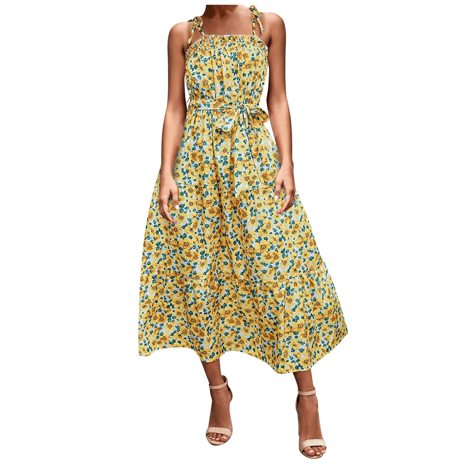Vintage Floral Spaghetti Strap Summer Dress for Women - Sleeveless Slim Fit Long Dress with Belt | Beach Vacation, Wedding Guest, Party Outfit