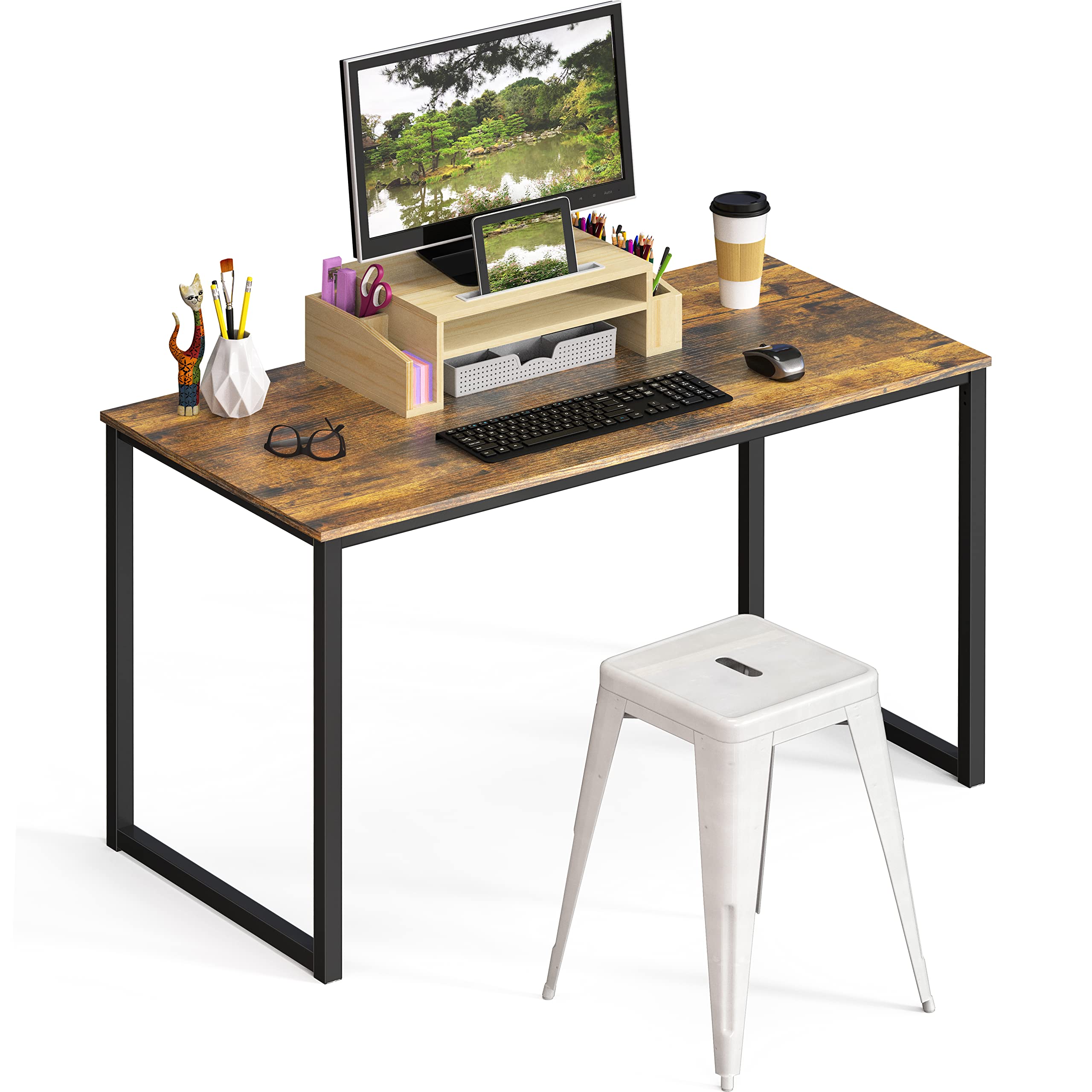 SHW Mission 40-Inch Home Office Computer Desk, Rustic Brown - Modern Writing Desk for Small Spaces, Work from Home & Study - Sturdy Wooden Workstation with Ample Storage Space