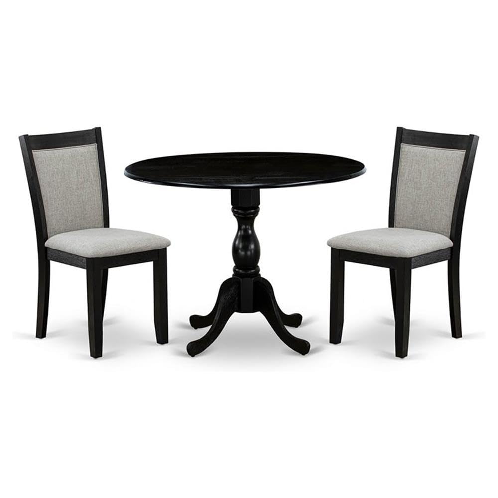 Modern 3-Piece Round Wooden Dining Table Set with Drop Leaf & 2 Linen Fabric Parsons Chairs - 42x42 Inch, Wirebrushed Black - Perfect for Small Spaces, Breakfast Nooks & Cozy Apartments